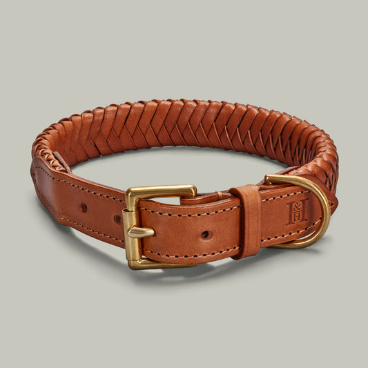 Royal Leather hand plaited dog collar [LONDON TAN]