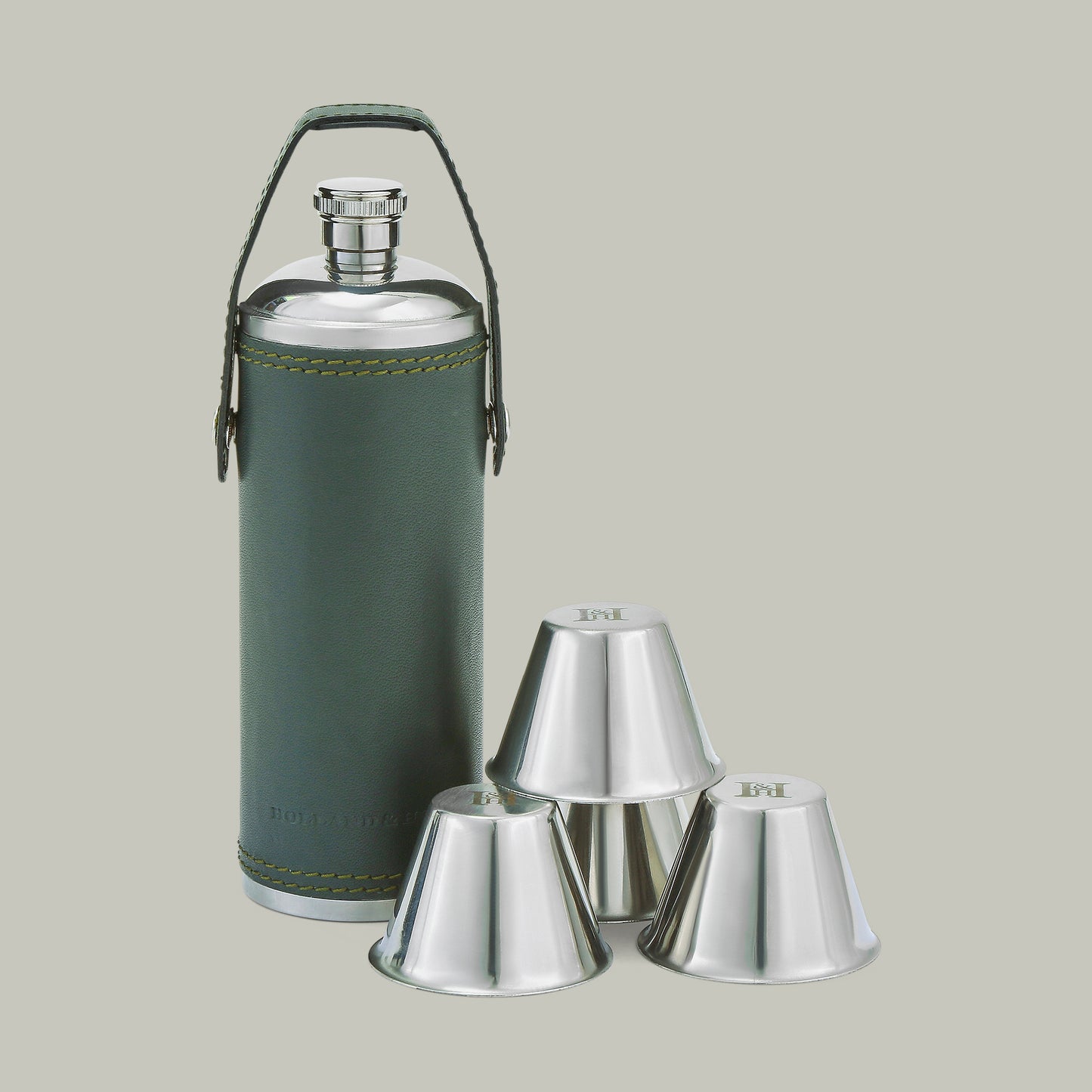 Leather covered hunter's Flask & Cups [H&H Green]