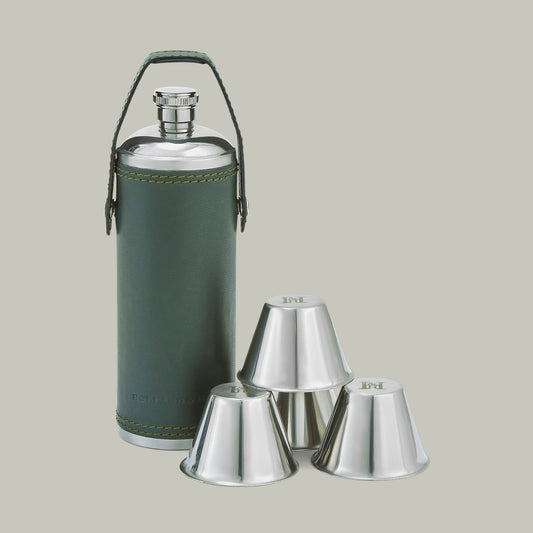 Leather covered hunter's Flask & Cups [H&H Green]