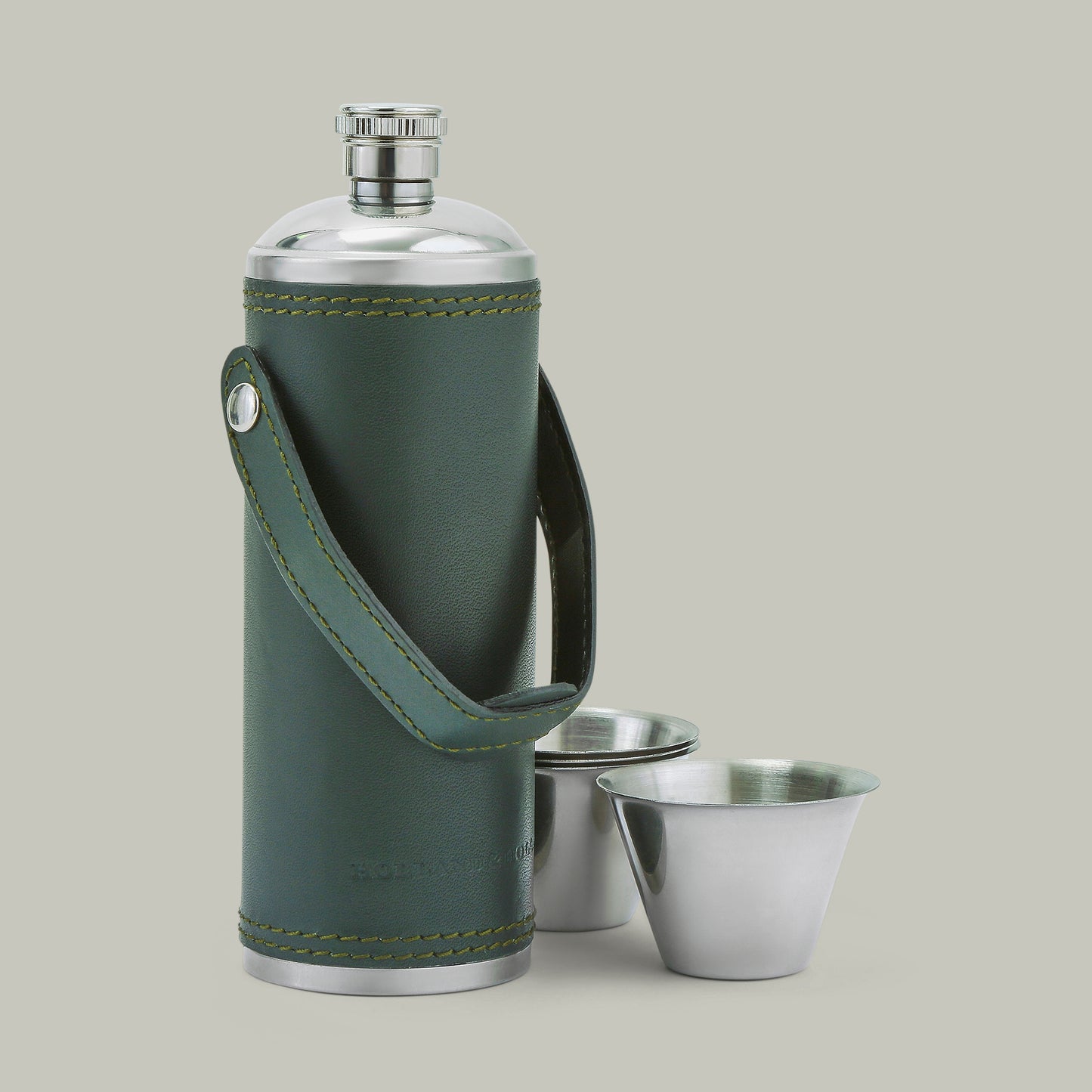 Leather covered hunter's Flask & Cups [H&H Green]