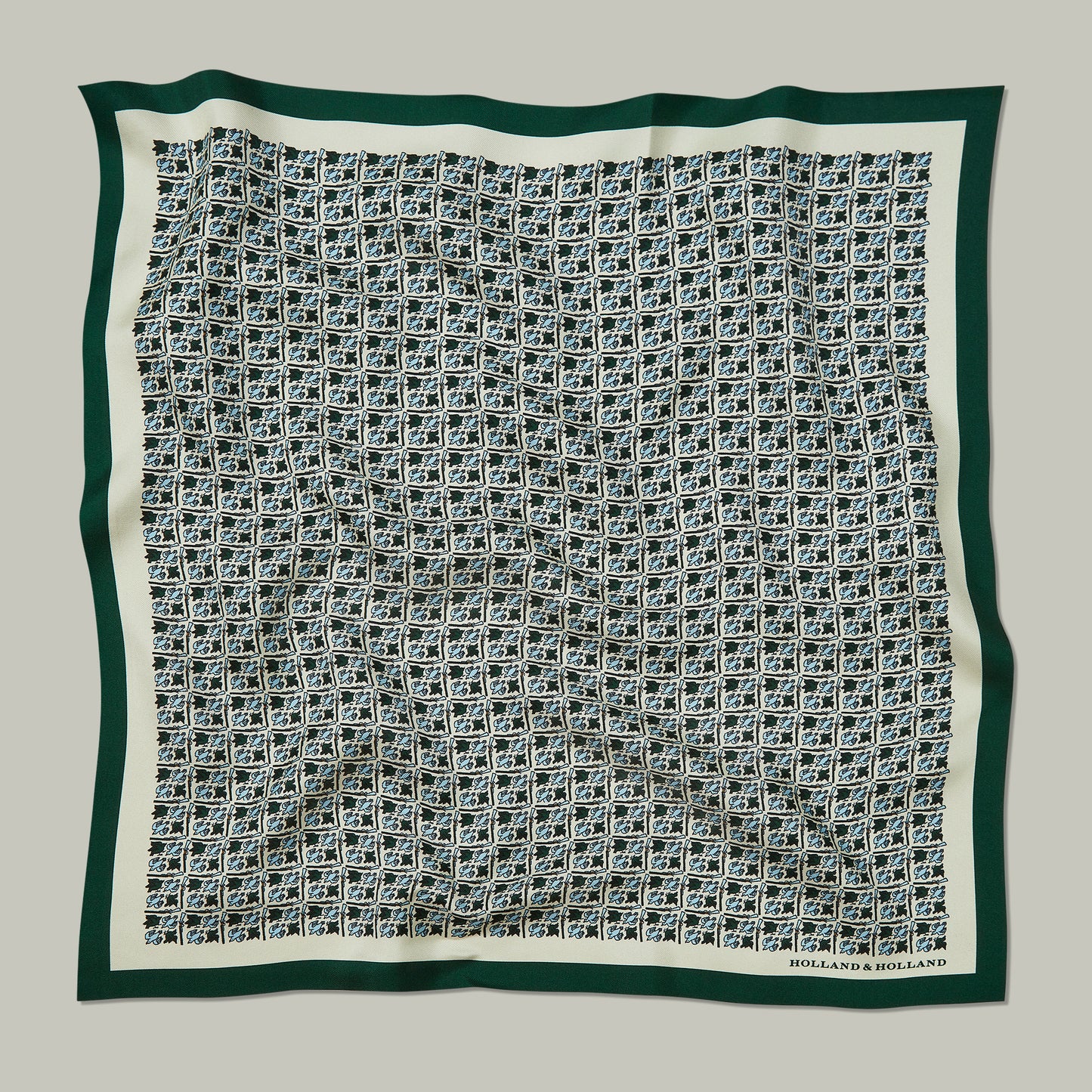 Harrow silk pocket square Heritage bird monogram [H&H GREEN]
