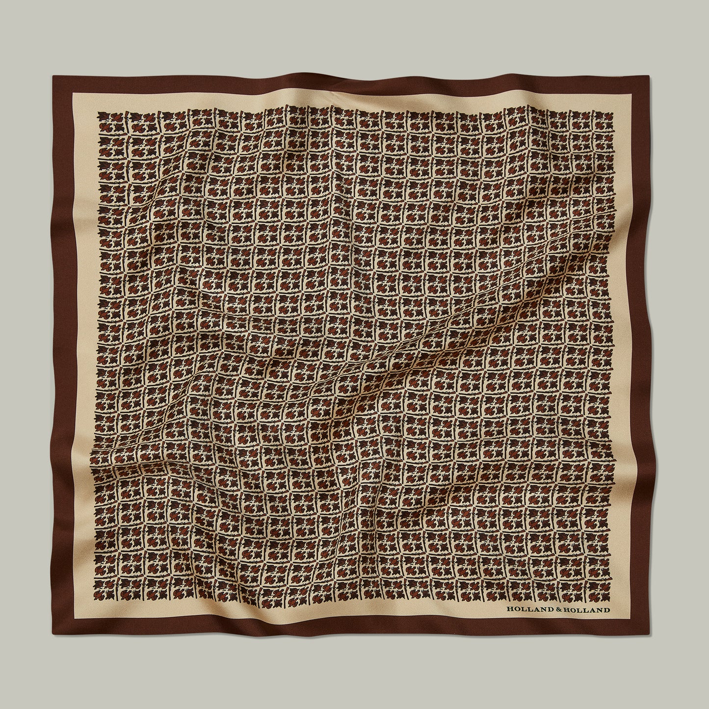 Harrow silk pocket square Heritage bird monogram [SEPIA]