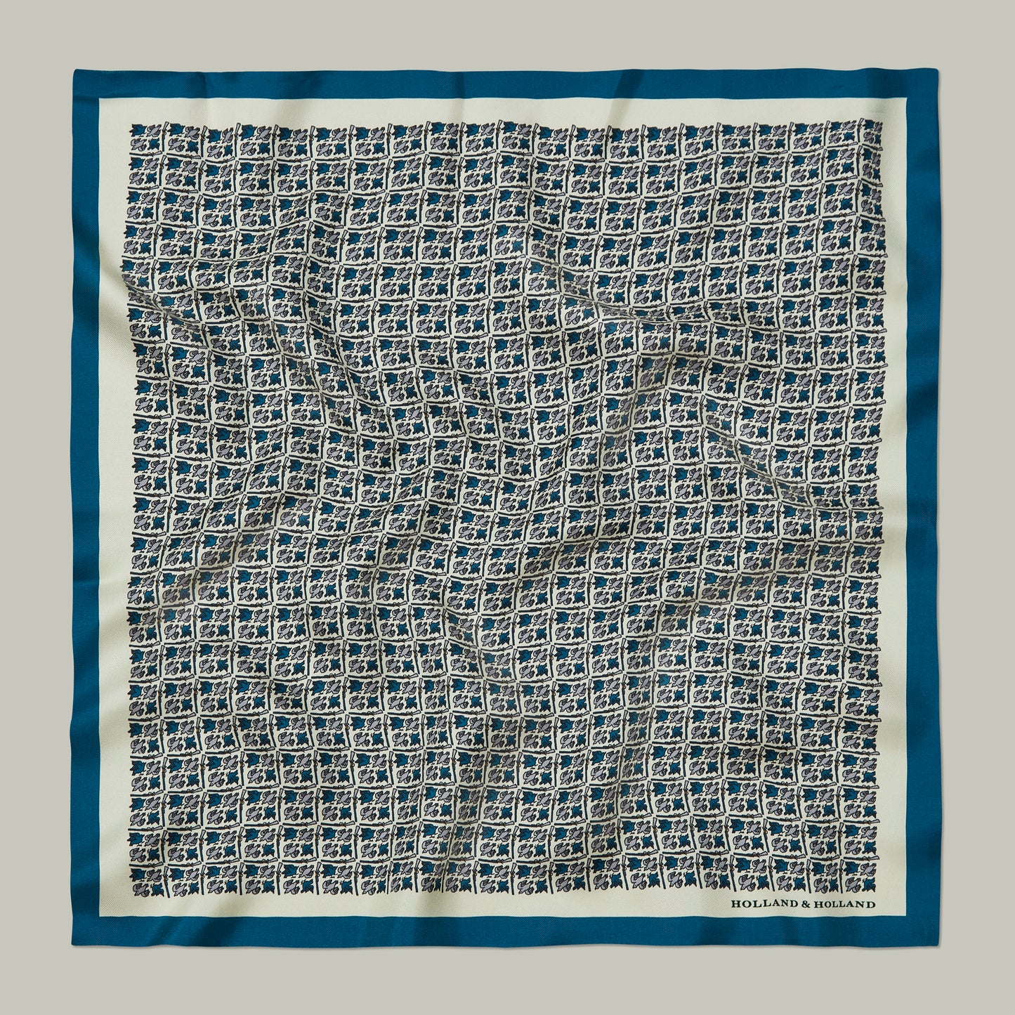 Harrow silk pocket square Heritage bird monogram [AZURE]