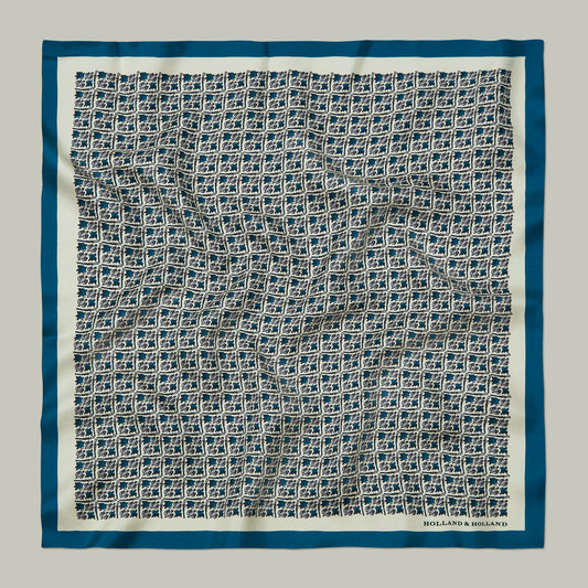 Harrow silk pocket square Heritage bird monogram [AZURE]