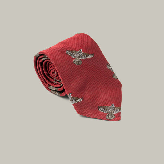Harrow Silk Woven Tie- Flying Bobwhite Quail [BERRY]