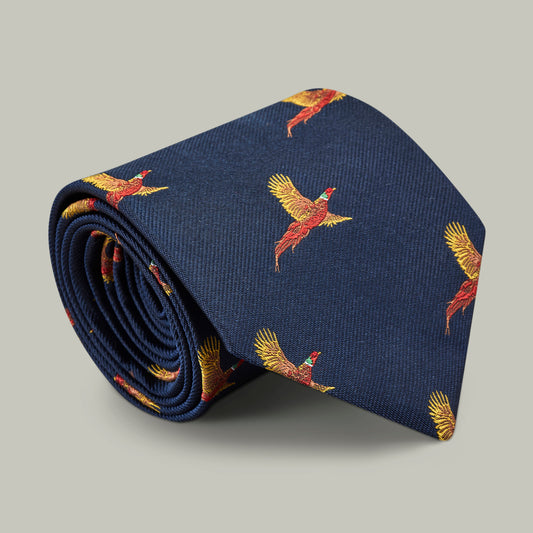 Harrow Silk Woven Tie - Flying Pheasant [INDIGO]