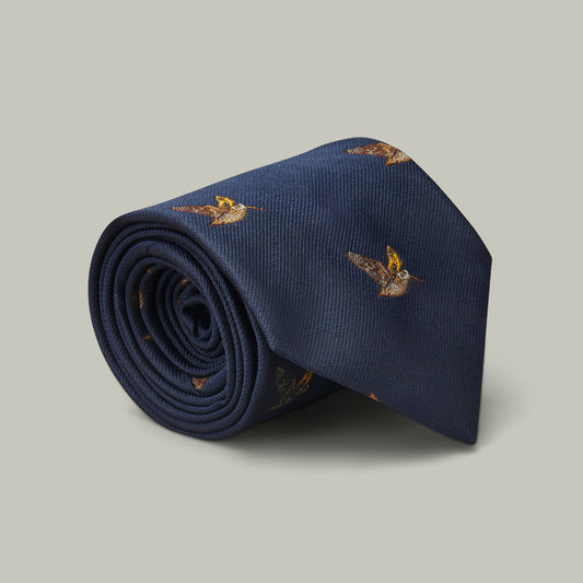 Harrow Silk Woven Tie - Flying Woodcock [INDIGO]