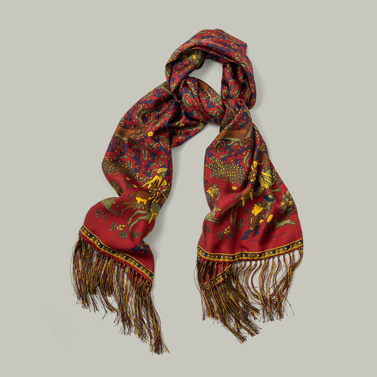 Cavalier Tasselled Hand Knotted Silk Scarf [BERRY]